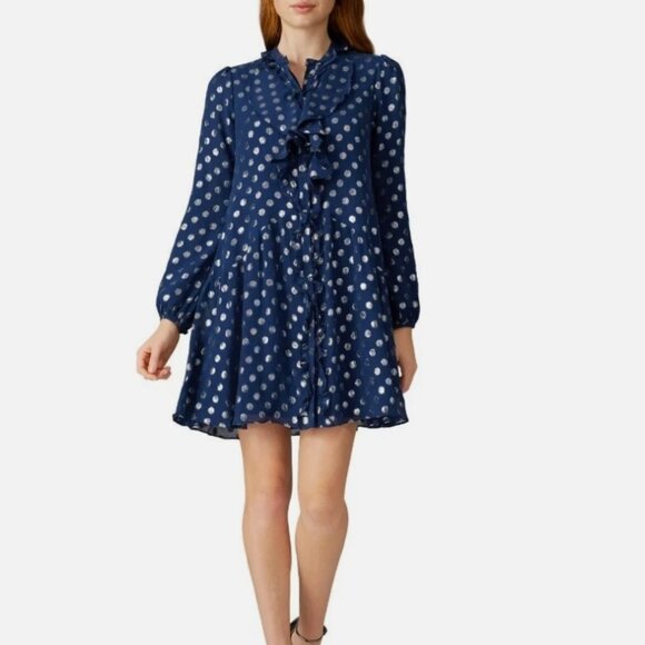 SALONI Dresses & Skirts - Saloni Navy Dot Tilly Ruffle Silk Mini Dress Size 8